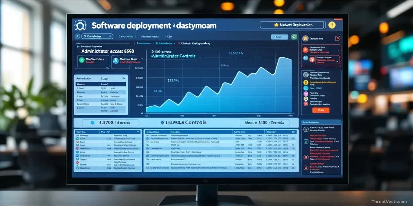 A software deployment dashboard displaying administrator access controls being progressively elevated, authentication logs showing unauthorized privilege escala