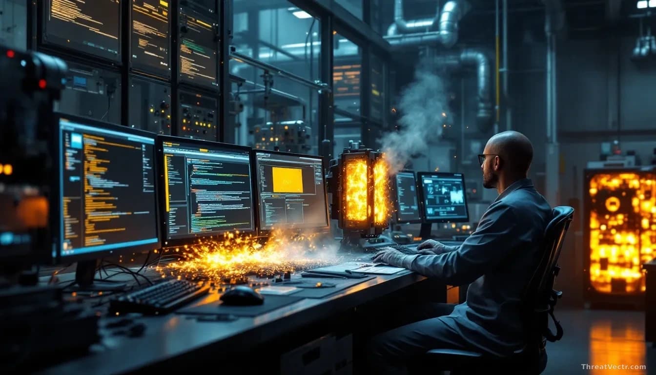 A research laboratory with industrial control system hardware and multiple computer workstations, AI model interface open showing exploit adaptation process, on