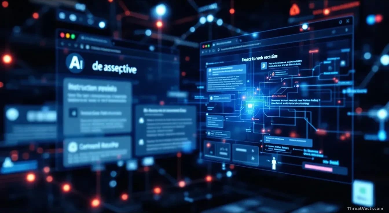 A web browser window open to a deceptive website, with an AI assistant interface visible in the background showing instruction panels being rewritten, network r
