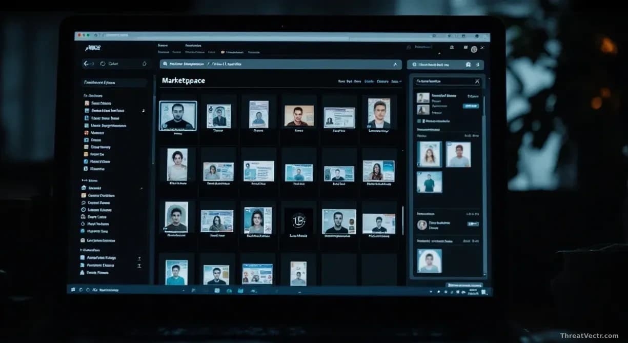 A darkly lit computer screen showing a marketplace interface with ID document thumbnails and scanned image files, with a timestamp clock and geographic markers 