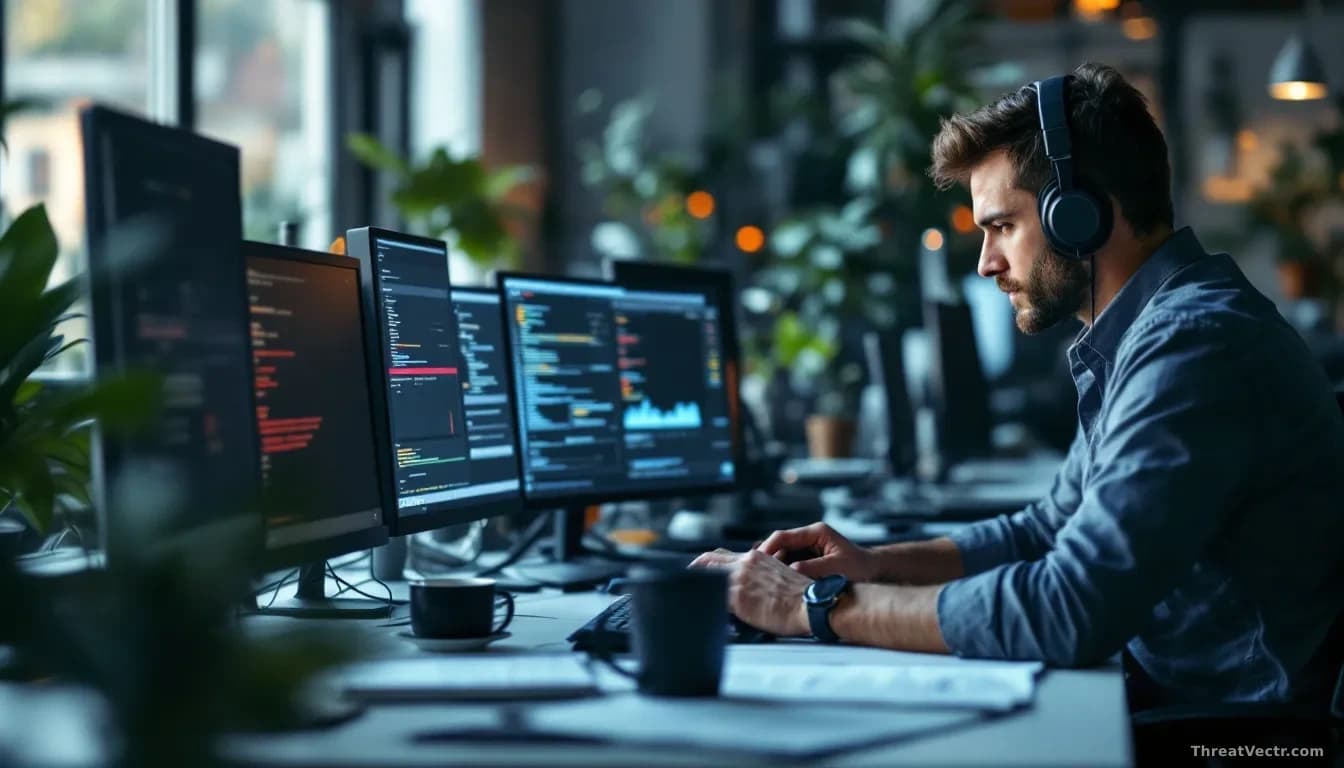 A freelance work platform office with network security analysts reviewing fake account profiles and malicious Excel attachment samples, malware analysis tools r