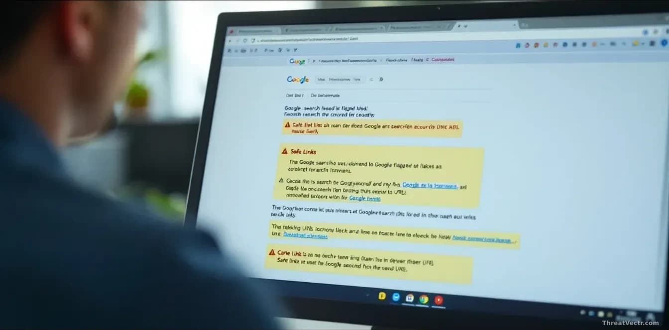 An office worker's computer screen showing email with Google search links being incorrectly flagged as malicious by security software, with Safe Links warnings 
