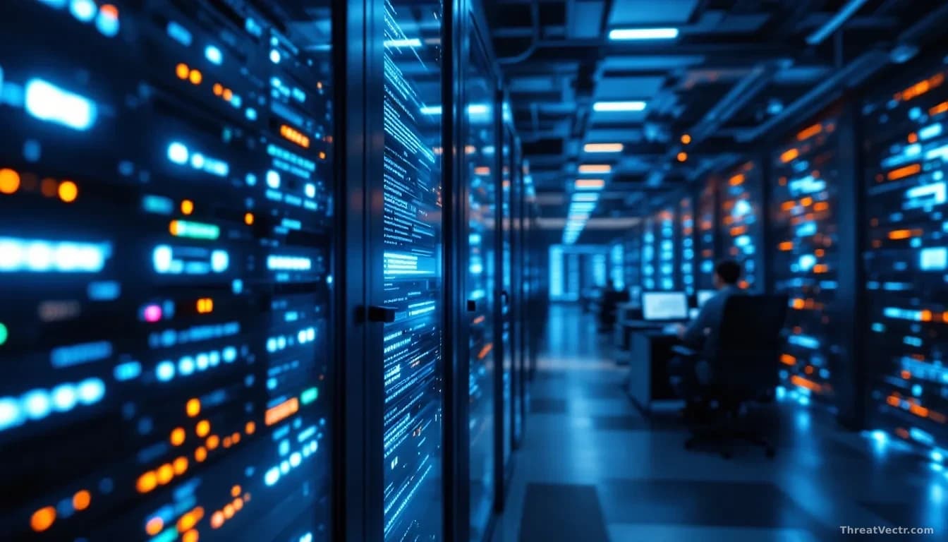 A software repository server facility with glowing rack-mounted hardware and network cables, while a security alert banner scrolls across a monitoring station's