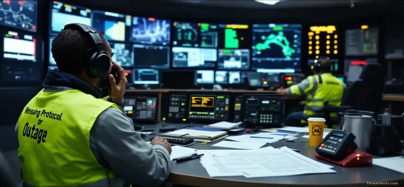 A critical infrastructure control room during a simulated outage, with operators using alternate communication methods and a messaging protocol document visible