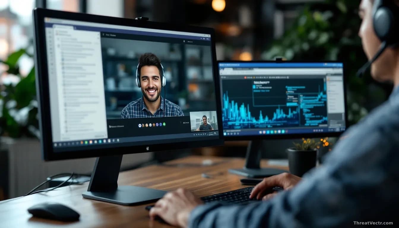 An employee's computer screen showing a Microsoft Teams call interface with a fake IT support representative, while the attacker gains remote desktop access sho