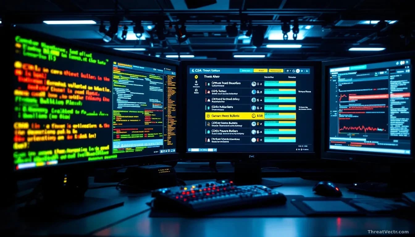 A network operations center displaying security alerts and vulnerability notifications on multiple screens, with CISA threat bulletin information visible on the