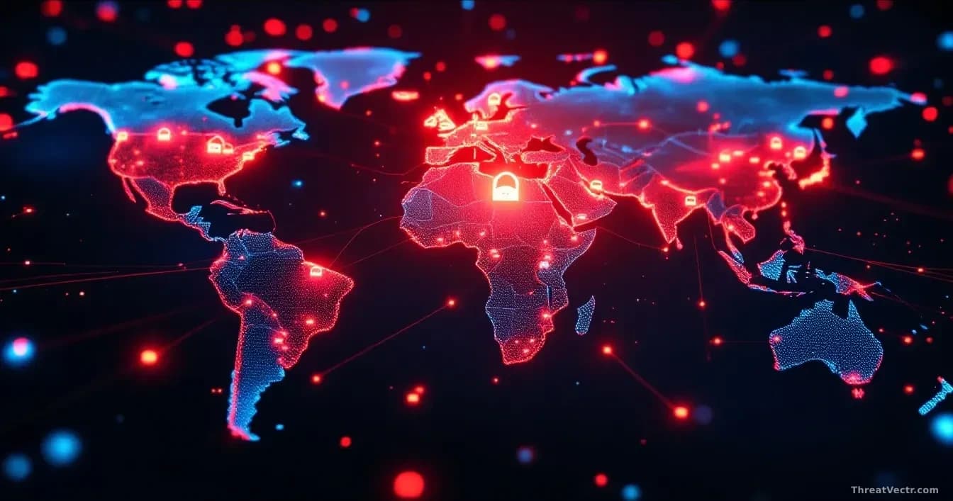 A global map projection showing phishing attack origins and target locations as glowing lines and nodes, with North American targets highlighted in bright red, 