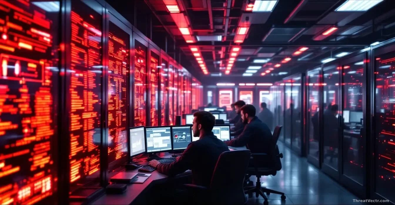 A server room bathed in red warning lights, with technicians in dark clothing hunched over workstations surrounded by multiple monitors displaying error codes a