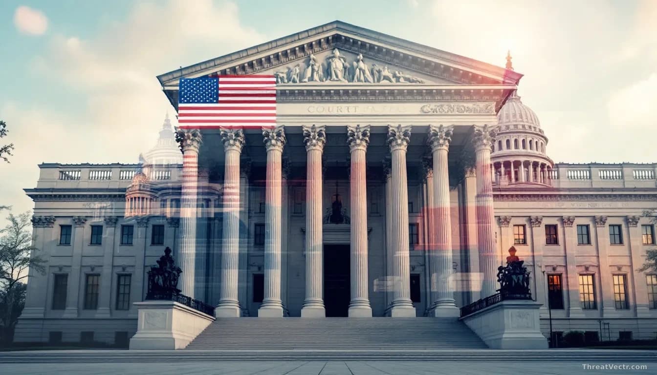 A courthouse building exterior at daytime with multiple state capitals' government buildings shown in a montage overlay, suggesting multi-state impact of breach
