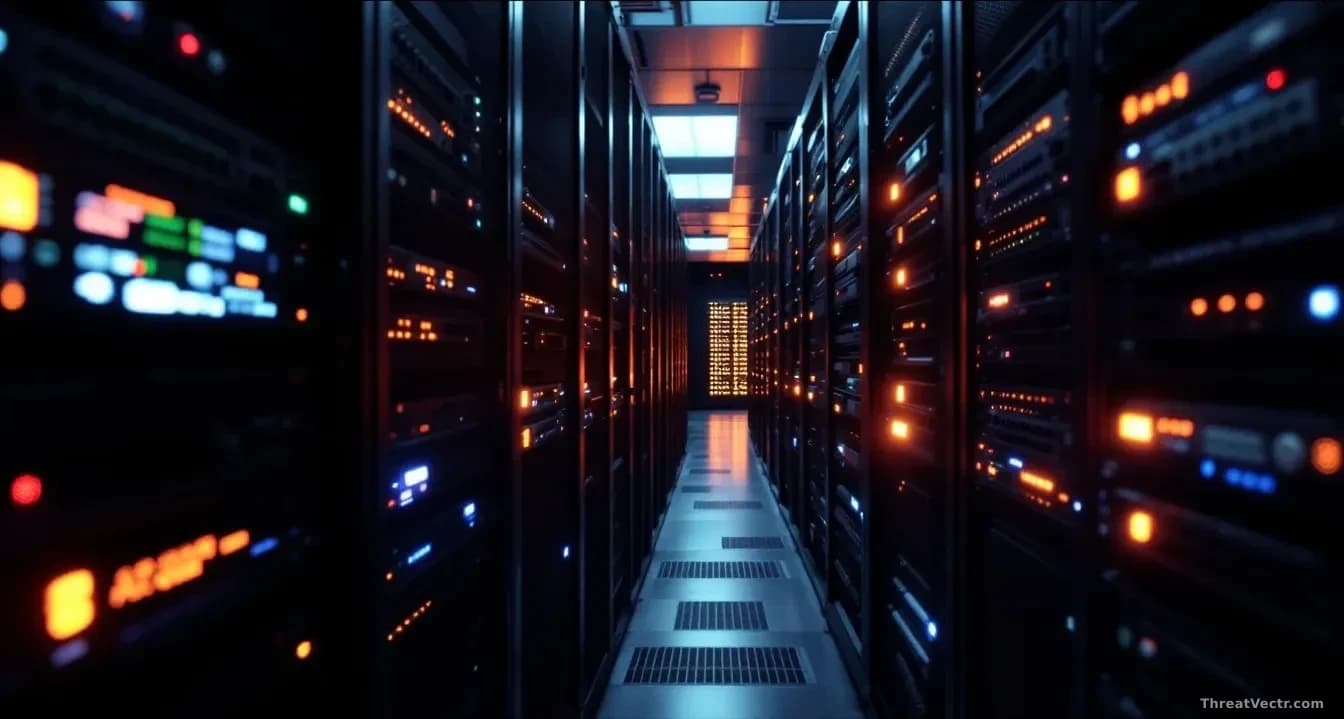 A data center equipment room with HPE Aruba network switches stacked in a rack, warning alert lights illuminated, representing vulnerability exposure in critica