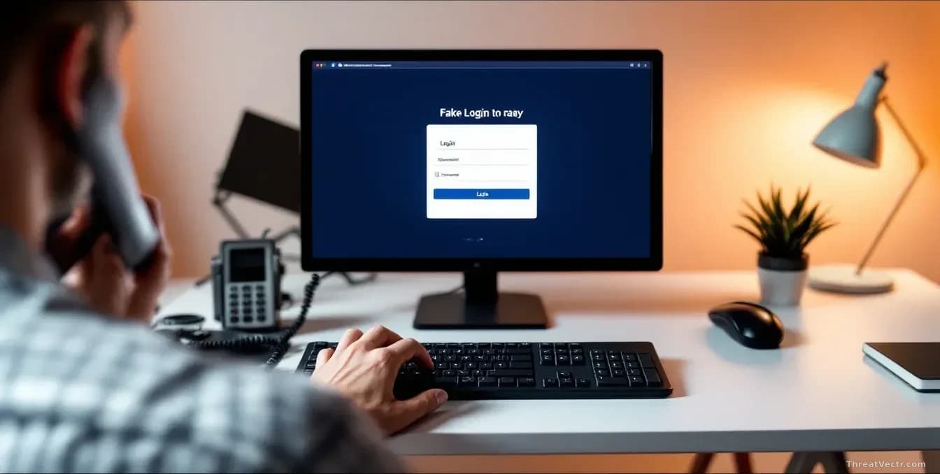 An office worker at a desk during a phone call, a fake login page displayed on their monitor screen, with a hand reaching toward the keyboard about to enter cre