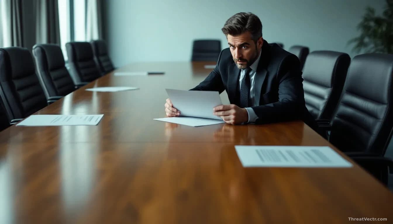A conference room table with an open letter document and a security expert reviewing it with a skeptical expression, empty chairs representing missing voices