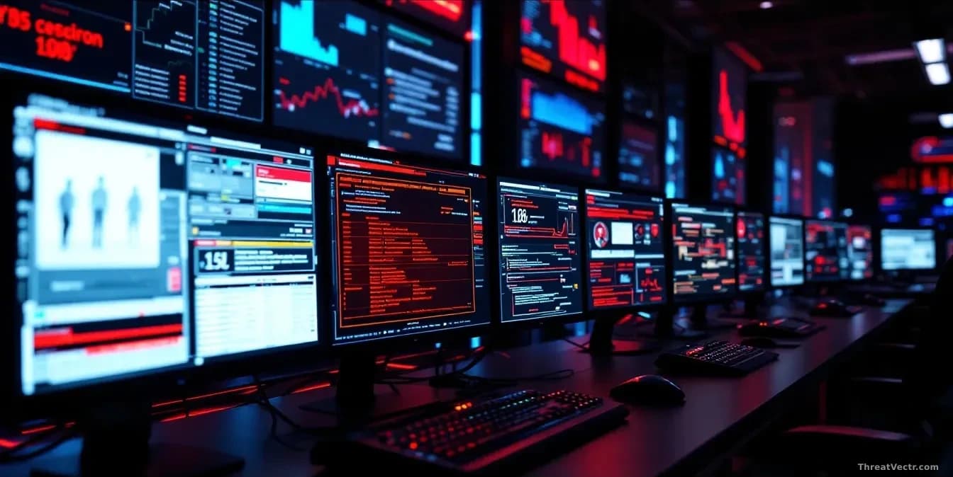 A cybersecurity operations center with multiple monitors showing successful threat detection and blocked breach attempts, representing defended systems