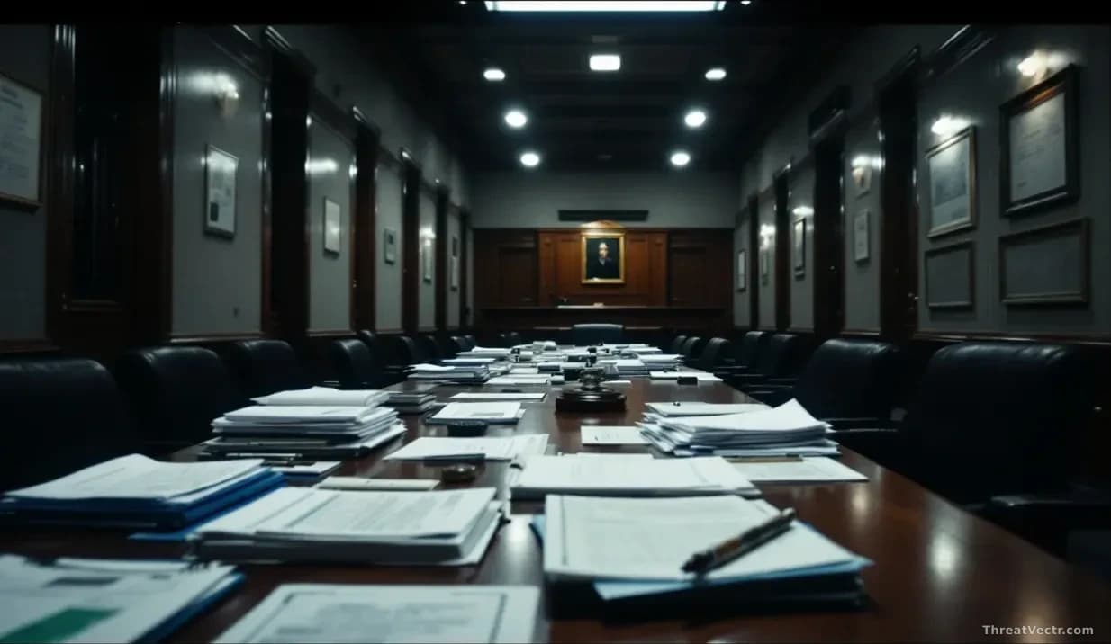 A Brisbane courthouse corridor during sentencing, with legal documents and evidence materials visible, conveying the gravity of the conviction