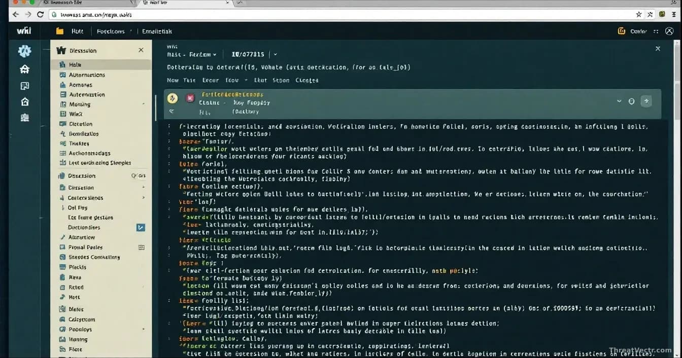 A vintage wiki webpage in a browser with dozens of bot-generated messages and code snippets filling the discussion threads, timestamps showing automated posting