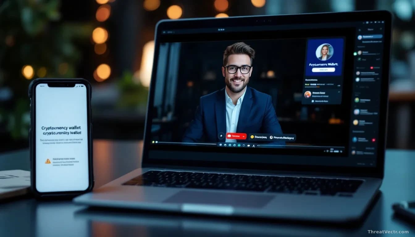 A laptop screen displaying a fake video interview interface with a professional background, while a smartphone nearby shows cryptocurrency wallet warnings