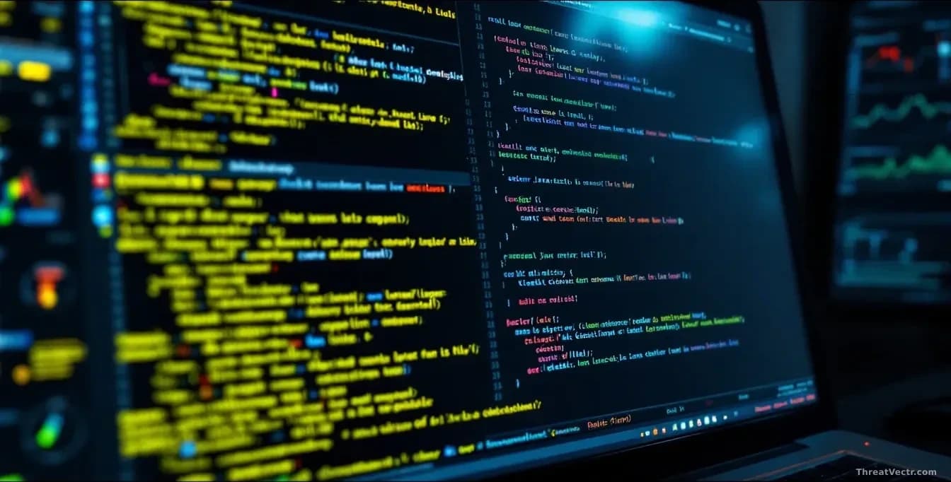 A security researcher's workstation showing decompiled JavaScript code on the screen, Google login credentials highlighted, malware analysis tools open, network