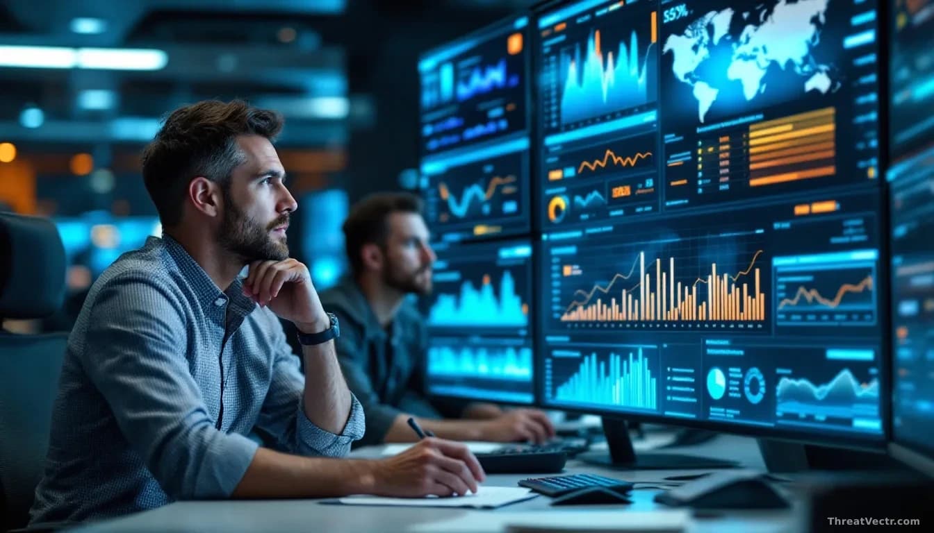 A corporate security operations center with a CISO or security leader reviewing AI risk assessment reports on a large dashboard, team members in background, con