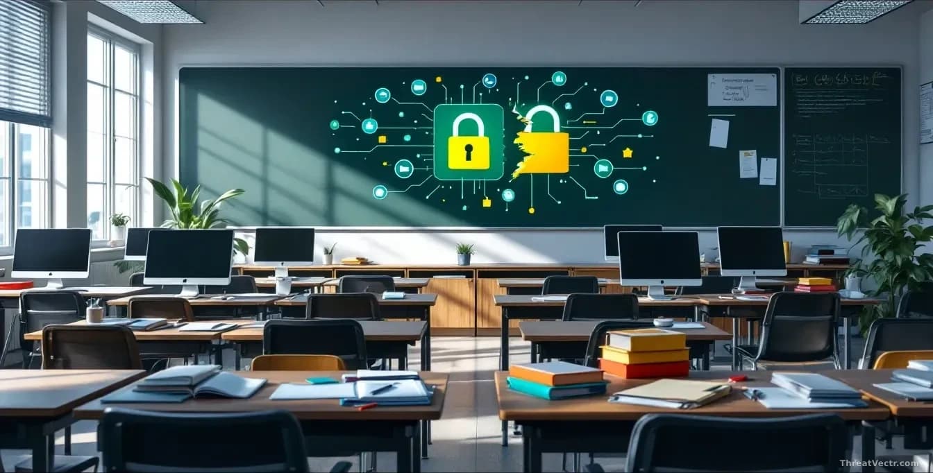 A classroom setting with empty student desks and computers, a digital lock icon broken open on one screen, file folders and educational materials scattered, rep
