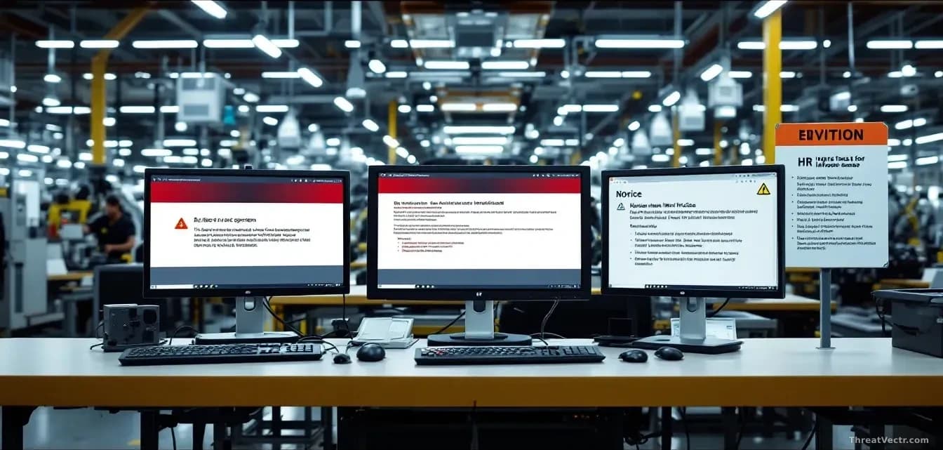 An automotive manufacturing plant floor with assembly line equipment, computer terminals showing system errors, and notice boards with HR information posted, co