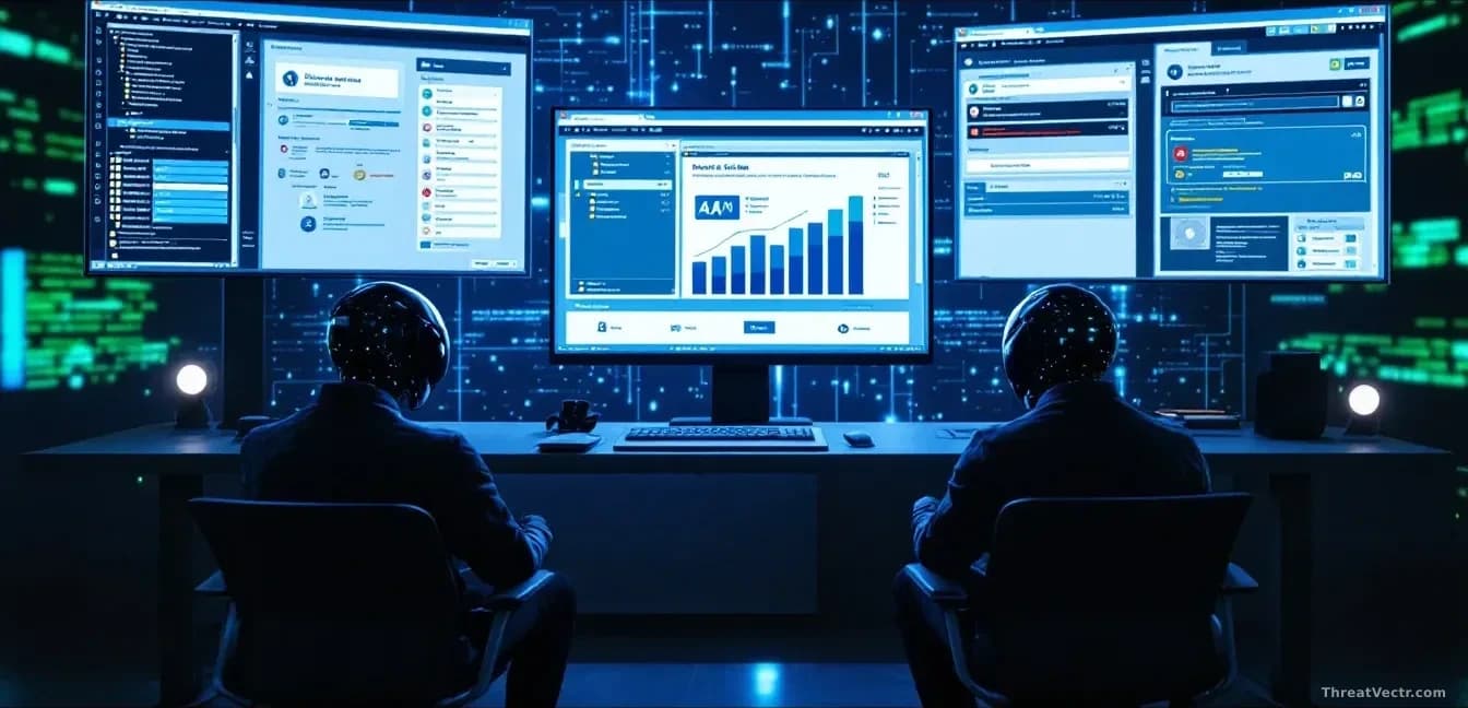 A computer screen showing multiple AI agent windows running coordinated tasks—one scanning networks, one attempting credential theft, one accessing systems—repr
