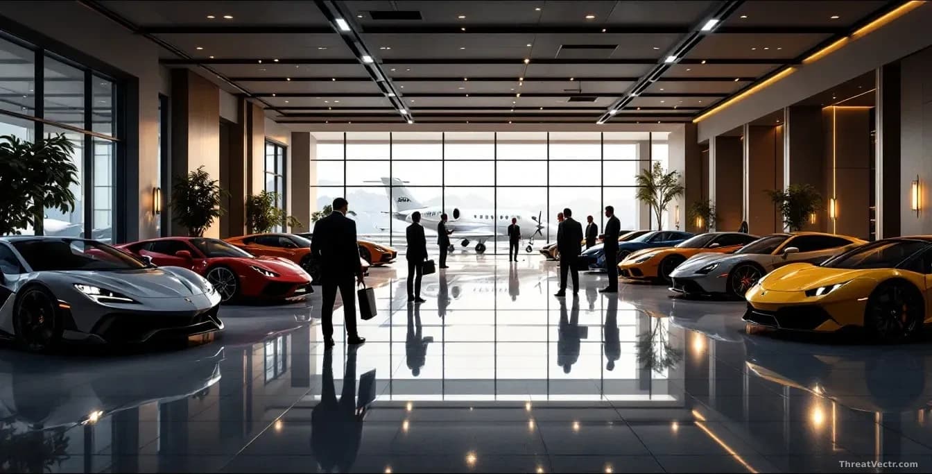 A luxury showroom displaying high-end sports cars and private aviation hangers, with investigators examining purchase records and financial transactions linked 