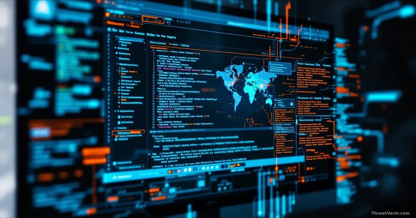A website interface displayed on a monitor being simultaneously probed and attacked by multiple AI agents from a security platform, with vulnerabilities highlig