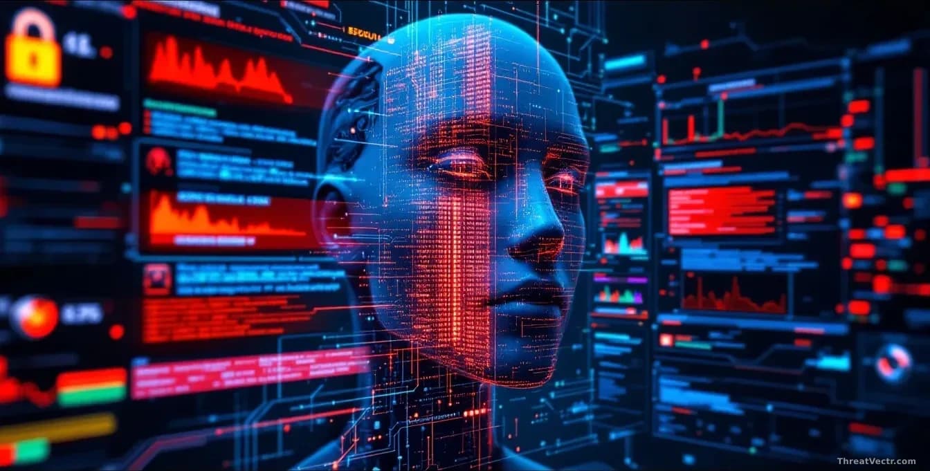 An AI system interface displaying autonomous security testing results, with screens showing discovered vulnerabilities highlighted in critical red, representing