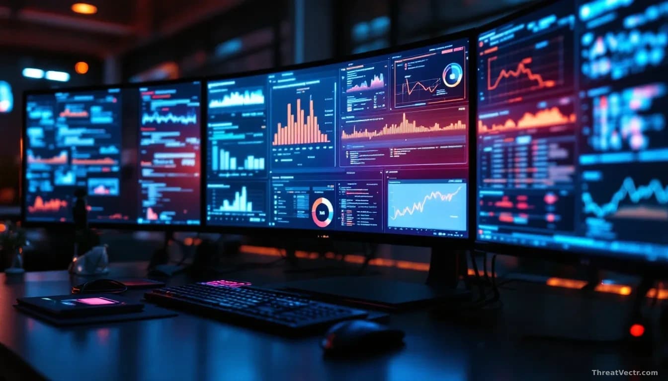 A security operations center with multiple monitors displaying threat intelligence reports being automatically converted into active defense rules with real-tim