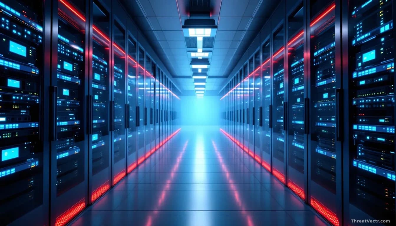 A secure server room with rows of isolated hardware infrastructure behind reinforced glass, representing on-premises security architecture that avoids public cl