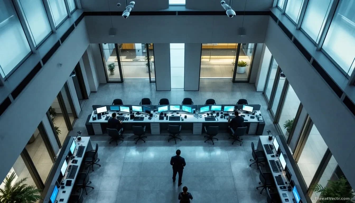 An overhead view of a modern Brazilian bank branch interior with security cameras visible, empty trading floor with computer terminals, representing the financi