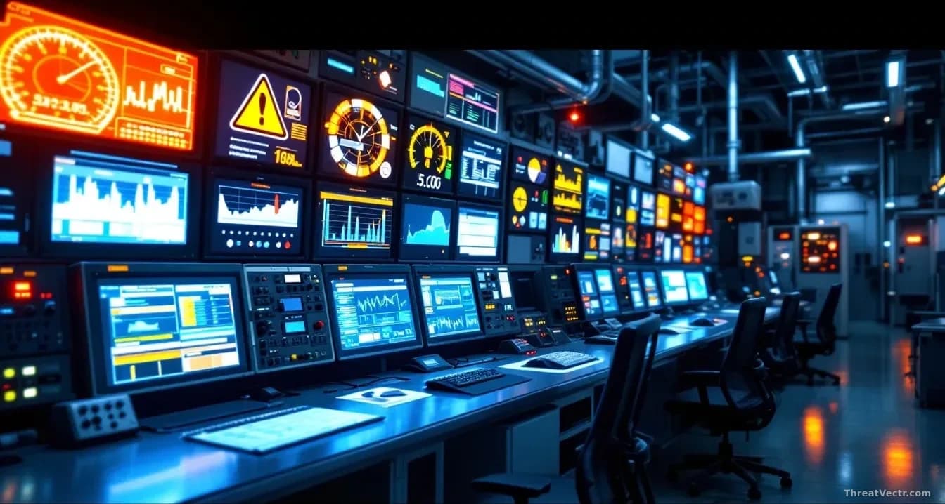 An industrial control room with multiple PLC units and monitoring screens displaying real-time process data, with security warning overlays visible but equipmen