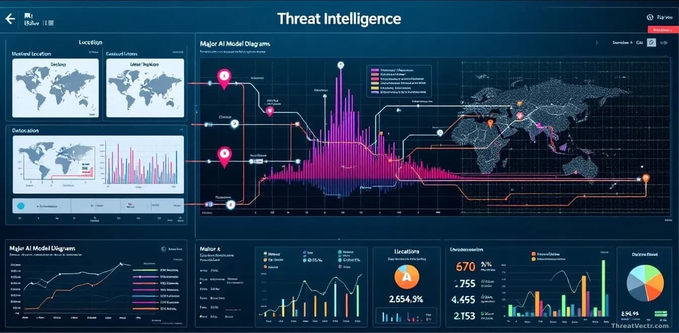 A threat intelligence dashboard displaying data flow arrows pointing from multiple locations to major AI model diagrams, with geographic markers and attribution