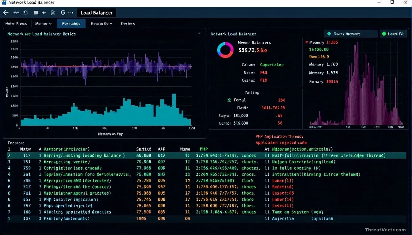 A network load balancer device display with memory usage graphs and running processes listed, with highlighted PHP application threads suggesting hidden injecte