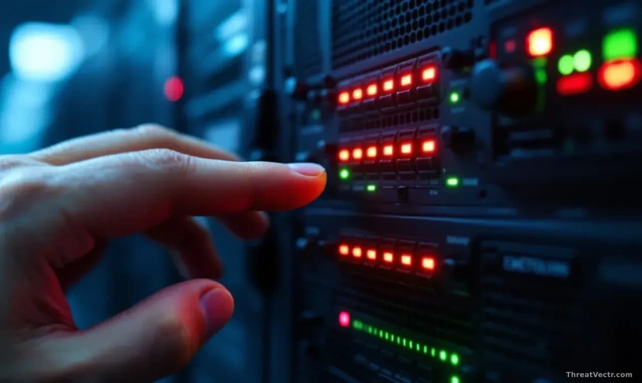 Close-up of a server rack's status lights blinking red and green in rapid succession, with a hand hovering near an emergency shutdown switch mounted on the equi