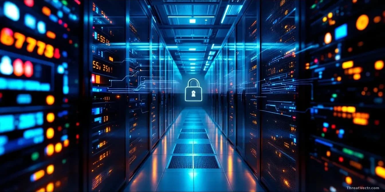 A data center environment with server racks, focusing on indicator lights and automated processes, with transparent overlay showing invisible machine account lo