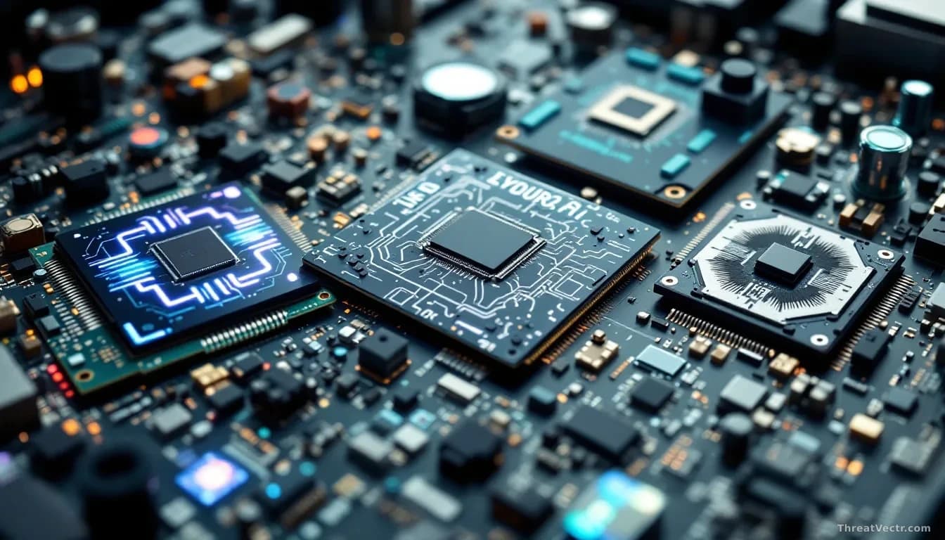 Three different computer chip circuit boards arranged in a technical workspace—one showing graphics processing patterns, one with AI neuron-like structures, and