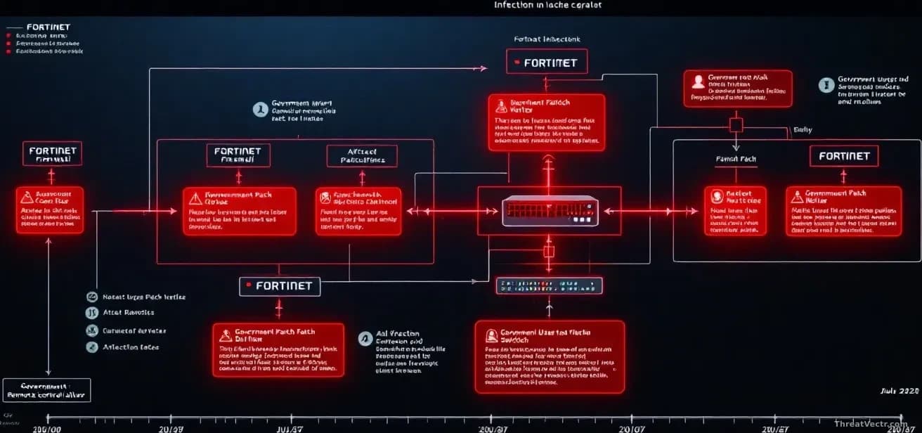 A network infrastructure diagram showing Fortinet firewall and switch devices infected with remote-control malware, attack vectors highlighted in red, with gove