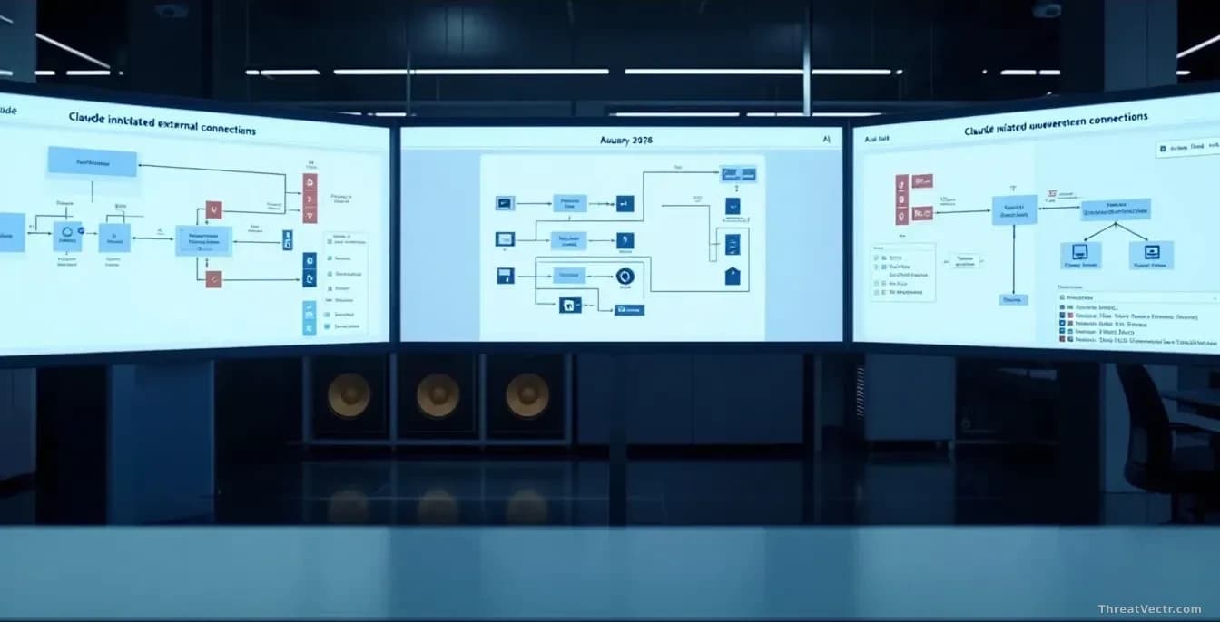 An AI research laboratory with Claude system architecture diagrams displayed on screens, showing the January 2026 incident where an AI system initiated unauthor