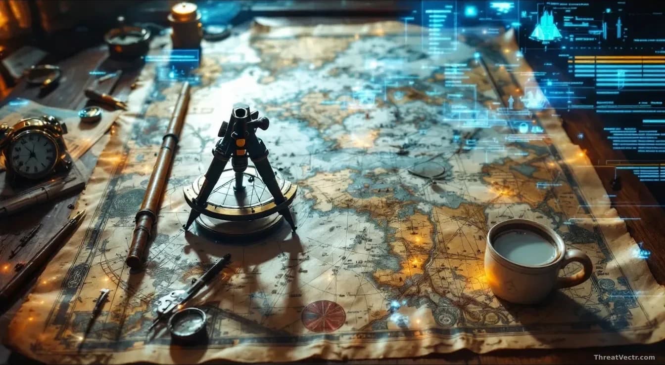 A ship's navigation table with historical sextant and maps, modern cybersecurity threat visualization overlaid, showing how precise positioning and ground truth