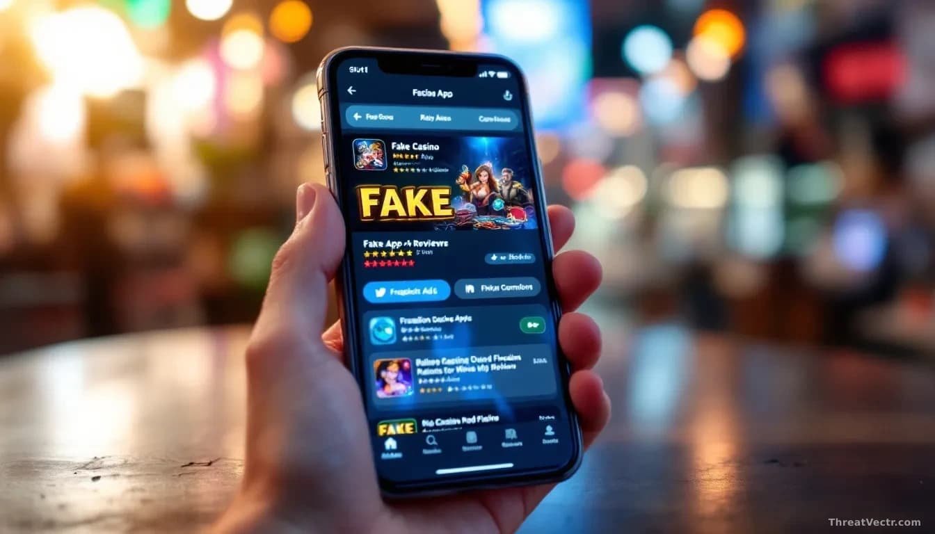 A smartphone displaying a fake casino or gaming app store interface with fraudulent ratings and reviews, social media ads visible in the background, inside a di