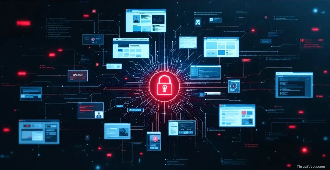 A security incident montage showing overlapping vulnerabilities from the week—malicious browser extensions installing, phishing pages inside legitimate platform