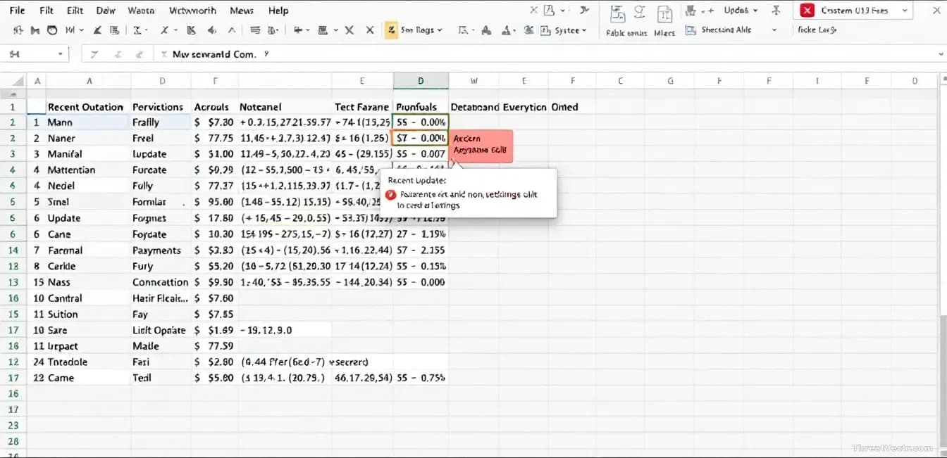 An Excel spreadsheet with cells highlighted and formulas being dragged, the action suddenly failing with error notifications appearing, a recent update timestam