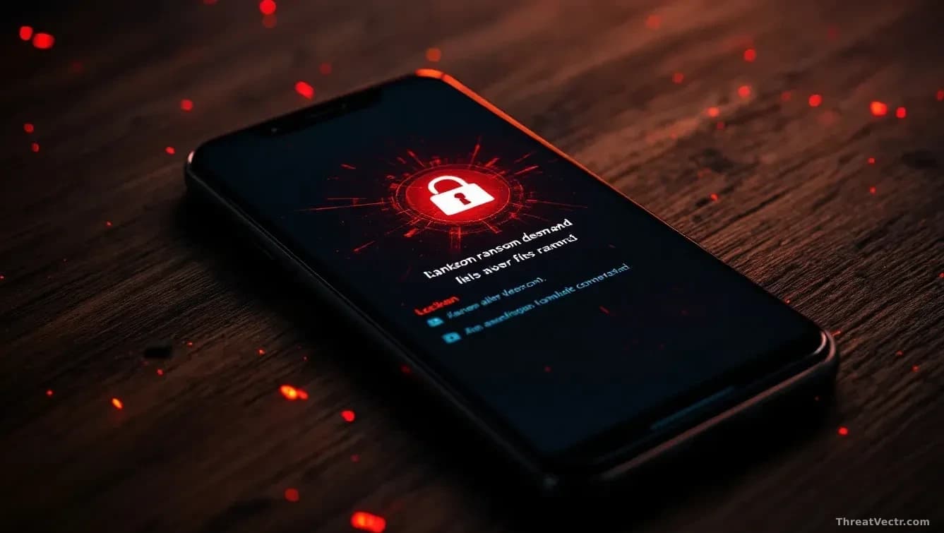 An Android phone screen showing locked files with a ransom demand popup, aggressive warning screens cycling with alarm-like visuals and hostile messaging design