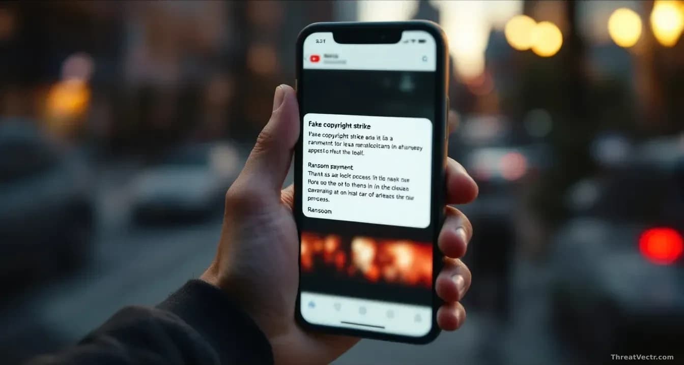 A creator's smartphone showing a fake copyright strike notification, a dialogue demanding ransom payment, with Meta's lengthy appeals process timeline displayed