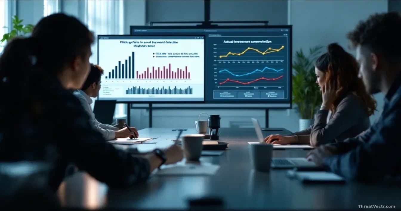 A corporate training session with employees on computers taking a simulated phishing test, with research charts and data analysis visible on a presentation scre