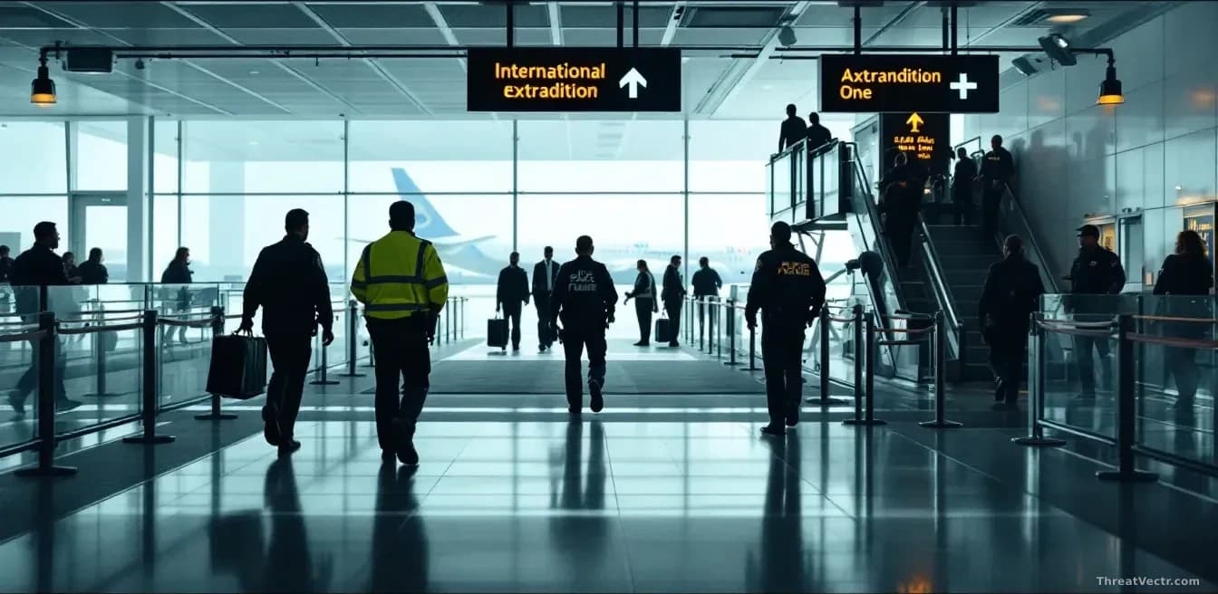 An aircraft boarding bridge or airport corridor with law enforcement officials present, suggesting arrival and extradition, with international airport signage v