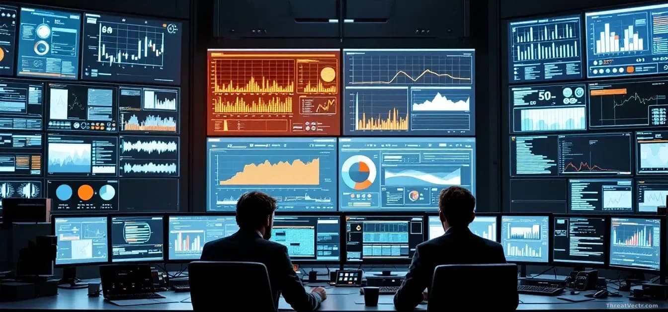 A corporate security operations center with large displays showing autonomous AI agent activities being monitored and controlled, security chiefs reviewing dash