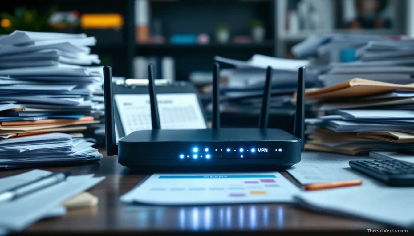 A VPN router device in an office setting with its indicator lights on, surrounded by scattered personnel files and documents, a calendar showing several weeks o