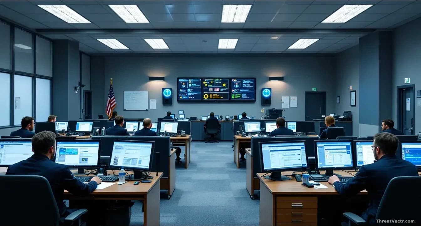A federal office building interior with security personnel at desks reviewing documentation, multiple computer terminals showing authentication tokens and acces